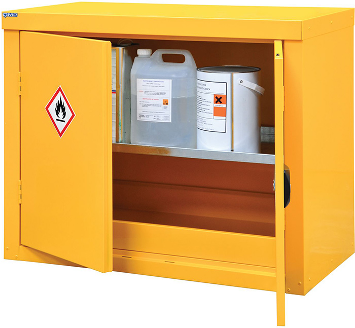 First Mats yellow coshh cabinet with door open